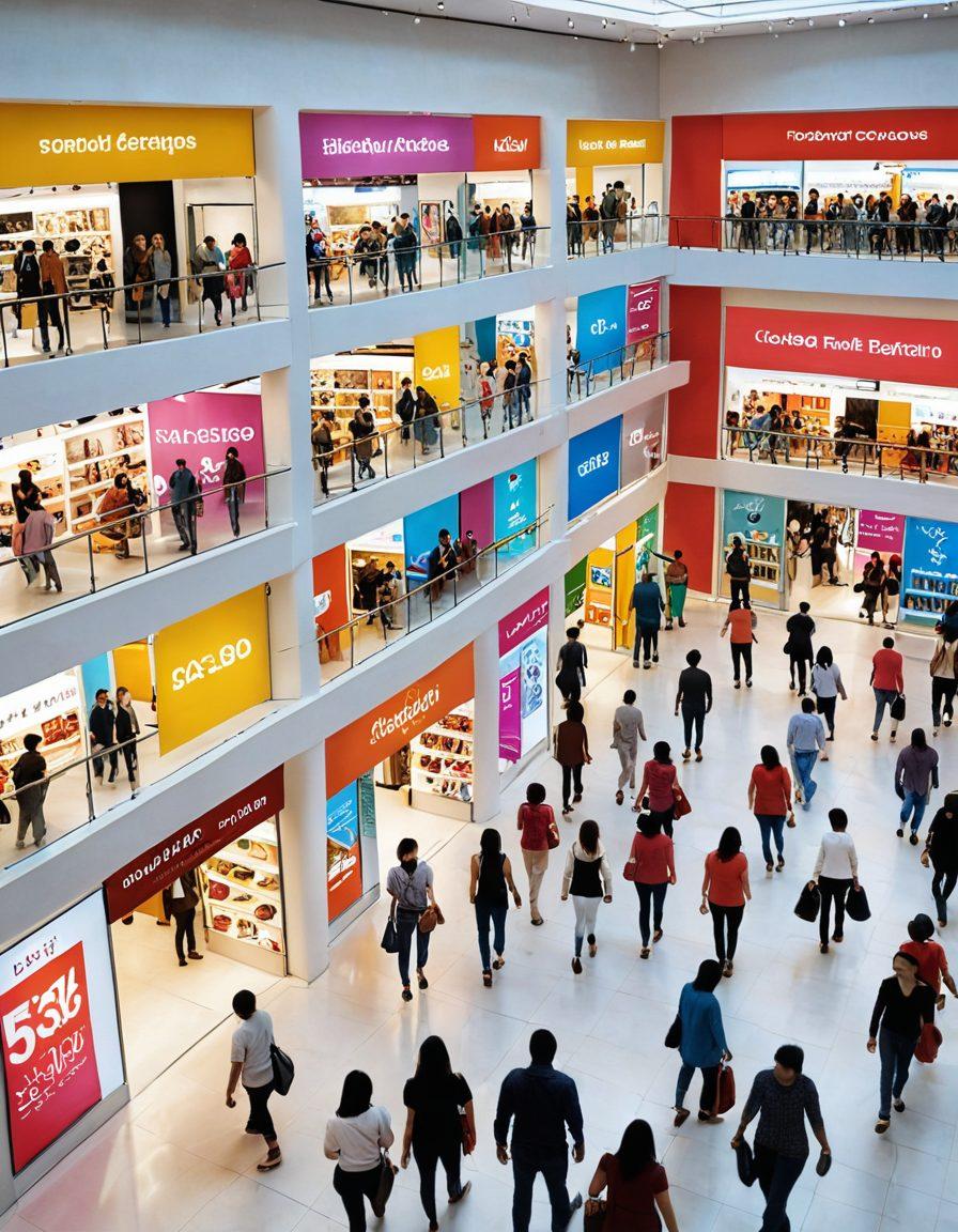 A cheerful shopping scene featuring diverse shoppers joyfully exploring an online marketplace filled with vibrant banners showcasing price cuts and special offers. Include price tags with discounts, colorful products, and digital devices displaying the marketplace interface. Create a sense of excitement and community with people smiling and engaging. Use bright, inviting colors and a dynamic composition to capture the essence of joyful purchasing. super-realistic. vibrant colors. 3D.