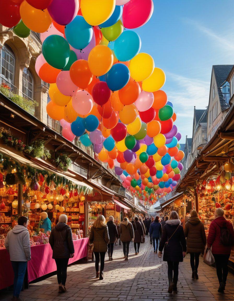 A vibrant marketplace filled with colorful stalls showcasing unique gifts, happy shoppers exploring joyful deals, and cheerful interactions among them. Bright balloons and festive decorations add to the lively atmosphere. Include a diverse group of people with smiling faces, surrounded by beautifully wrapped presents and discount tags. inviting and warm lighting enhances the scene, capturing the essence of a joyful shopping experience. super-realistic. vibrant colors. lively atmosphere.